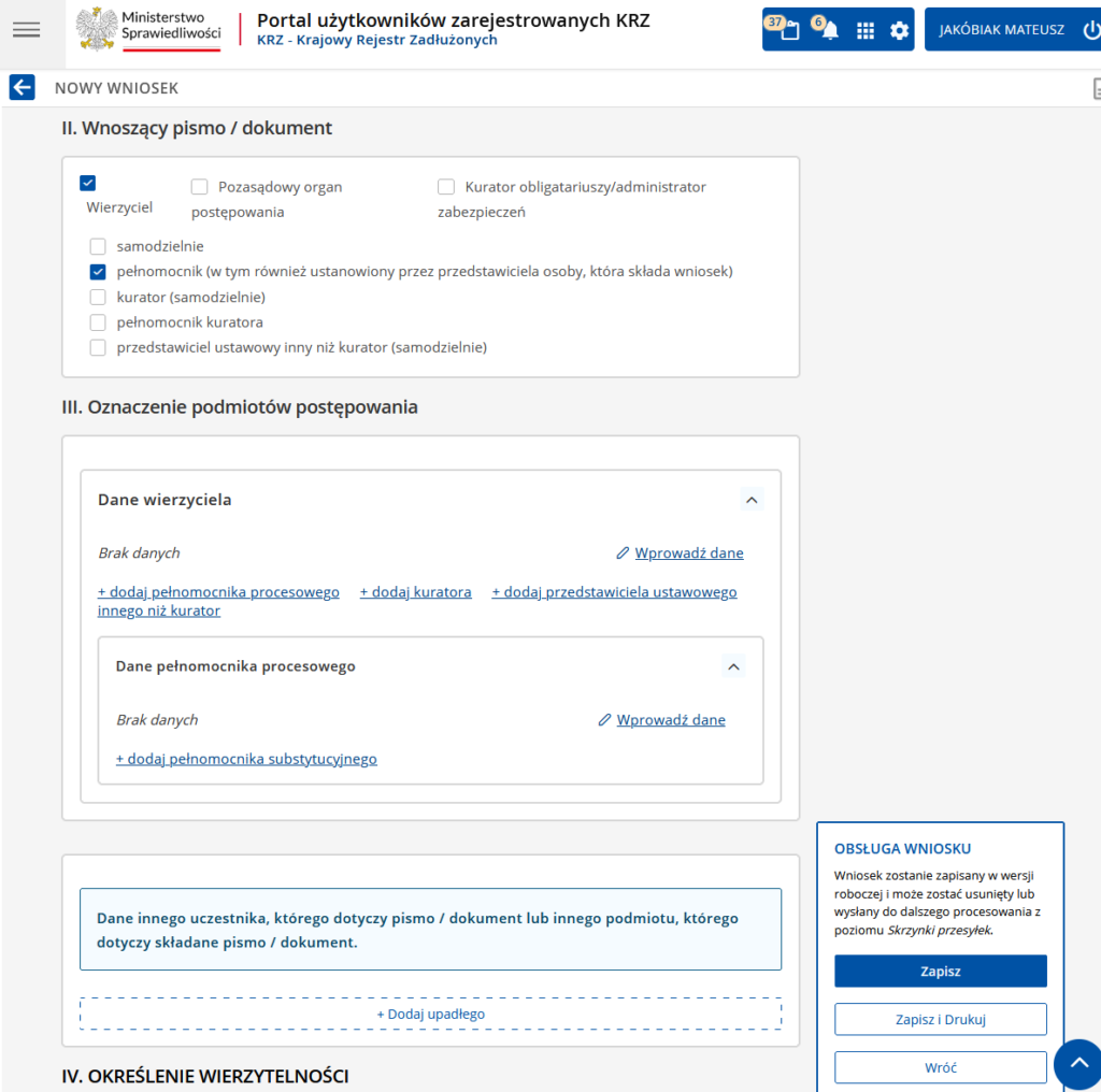Zgłoszenie wierzytelności - dane wierzyciela